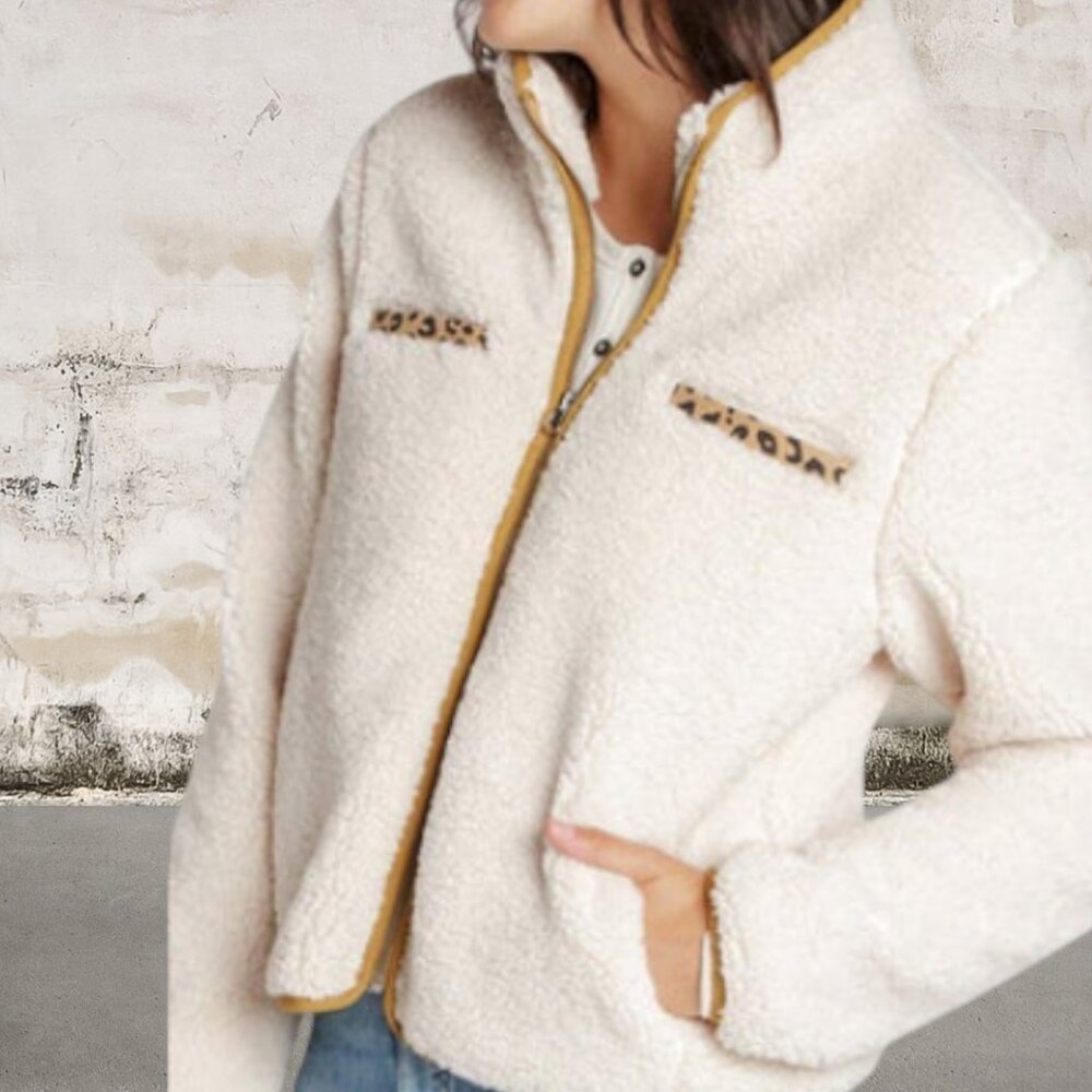 Thread & Supply Cream Sherpa Jacket with Leopard Details Size Medium